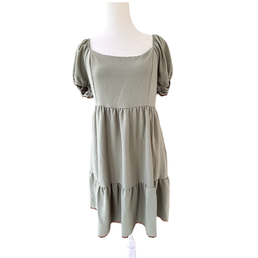 Altar'd State Sage Green Baby Doll Mini Dress Women's M Puff Sleeve Prairie USA